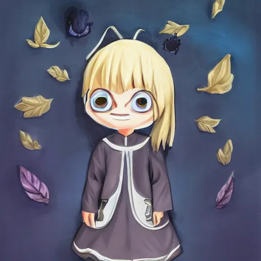 Image similar to little boy wearing nun outfit, blonde hair, blue eyes. purple and black color palate, detailed soft painting, made in abyss art style, anatomically correct