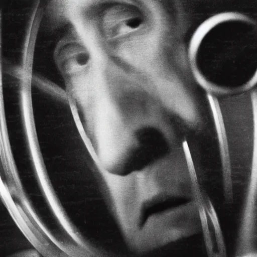 Image similar to close-up portrait of Marcel Duchamp working on a futuristic machine, long exposure, minimal composition, packshot, archival pigment print