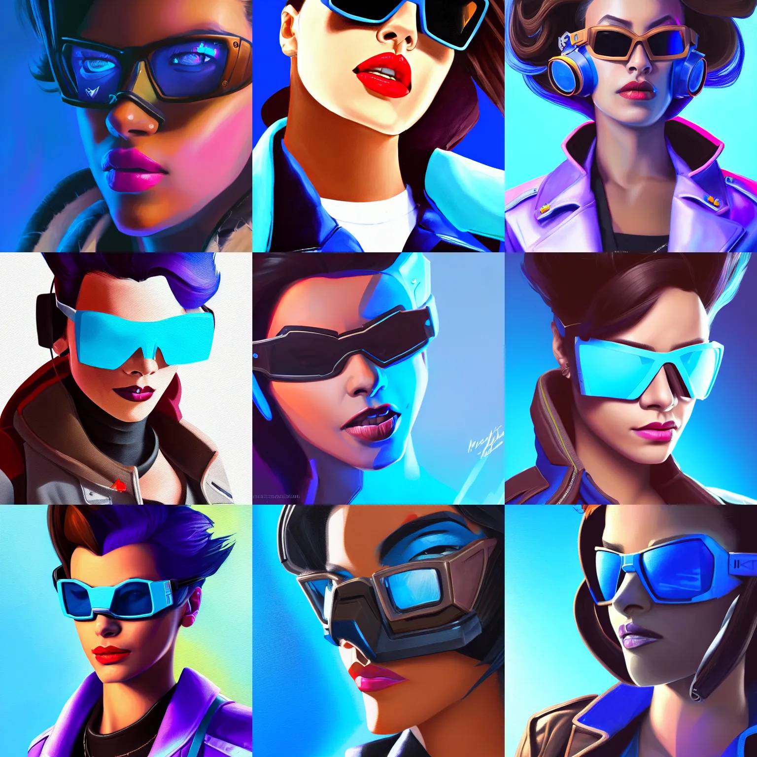 Prompt: 3 / 4 view closeup painting of a sombra from overwatch smirking, wearing light blue shutter shades and a dark brown leather jacket, one side brown haircut with blue ends, portrait, hyperdetailed, artstation, cgsociety, 8 k, synthwave by tangerine dream