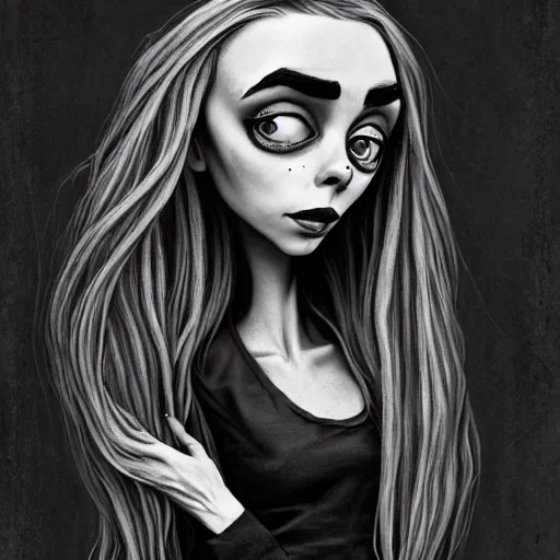 Image similar to michael karcz grunge drawing of billie eilish. , in the style of corpse bride, loony toons style, horror themed, detailed, elegant, intricate, trending on artstation, 4k