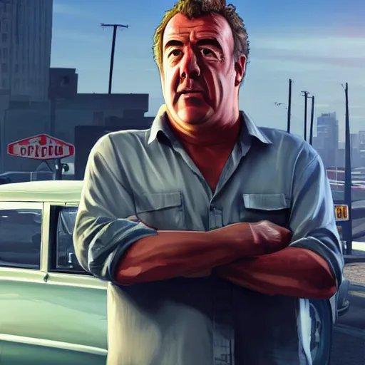 Image similar to Jeremy Clarkson in GTA V, cover art by Stephen Bliss, artstation, no text