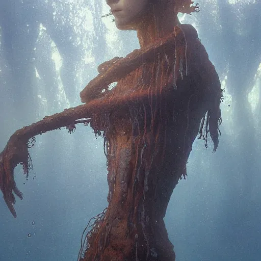 Image similar to a photograph of a create made out of a humanoid nervous system submerged and rusted in the water, cinematic, volumetric lighting, f 8 aperture, cinematic eastman 5 3 8 4 film, photorealistic by greg rutkowski, by stanley artgerm, by alphonse mucha