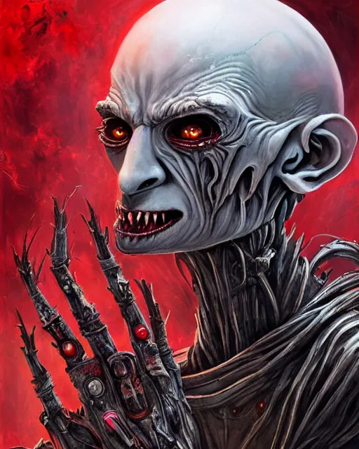 Image similar to bloody nosferatu cyborg, by antonio j. manzanedo, giger, alex grey, android jones, wayne barlowe, philippe druillet, raymond swanland, cyril rolando, josephine wall, harumi hironaka, trending on artstation