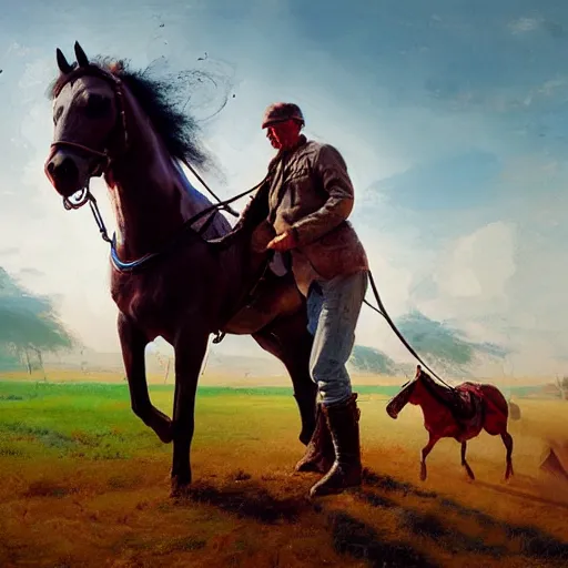 Image similar to а man carries a horse over him, hyperrealism, no blur, 4 k resolution, ultra detailed, style of ron cobb, adolf hiremy - hirschl, syd mead, ismail inceoglu, rene margitte