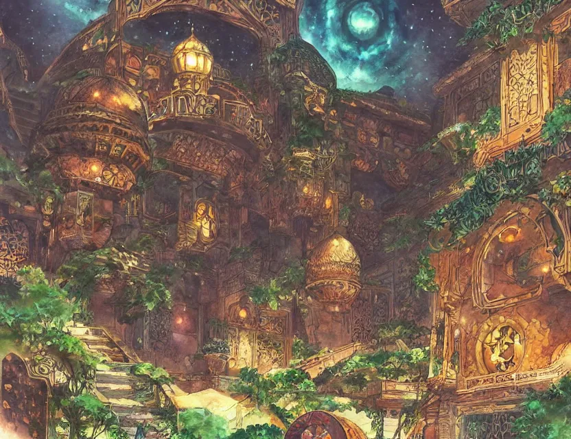 Prompt: persian garden in a galactic fortress. this watercolor painting by the award - winning mangaka has dramatic lighting, an interesting color scheme and intricate details.