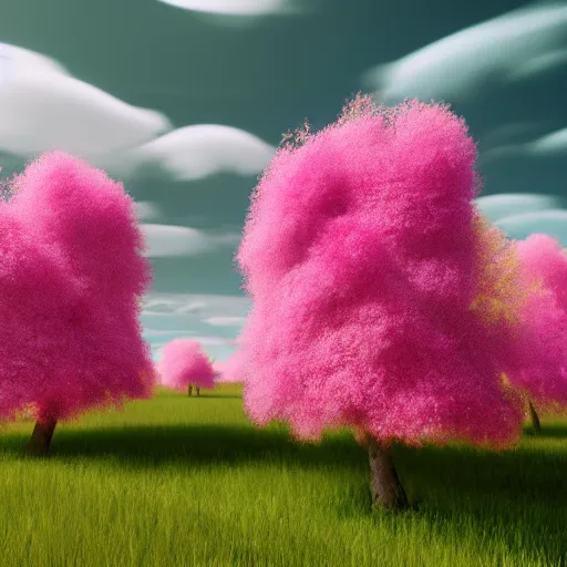 Prompt: Colorful fluffy trees in a field, octane render, volumetric lighting, 4K