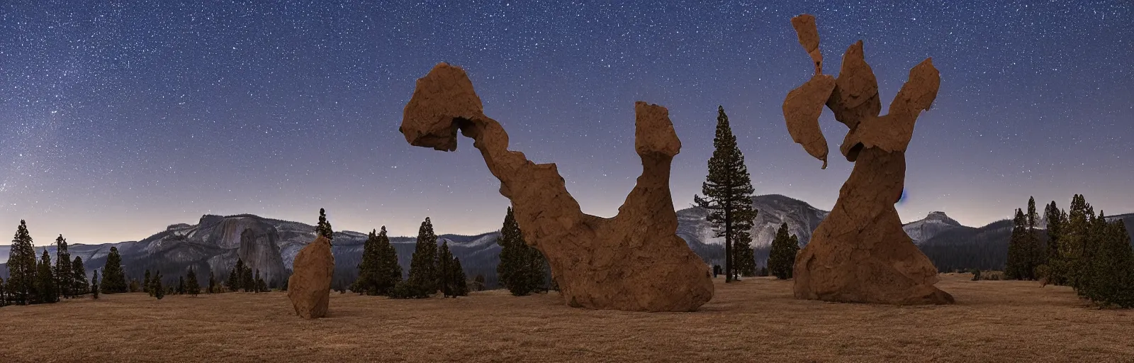 Image similar to to fathom hell or soar angelic, just take a pinch of psychedelic, a colossal minimalistic necktie sculpture installation ( by antony gormley and anthony caro ), reimagined by future artists in yosemite national park, granite peaks visible in the background, in the distant future, taken in the night