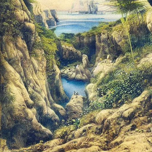Image similar to painting of a lush natural scene on an alien planet by hans rudolp giger. beautiful landscape. weird vegetation. cliffs and water.