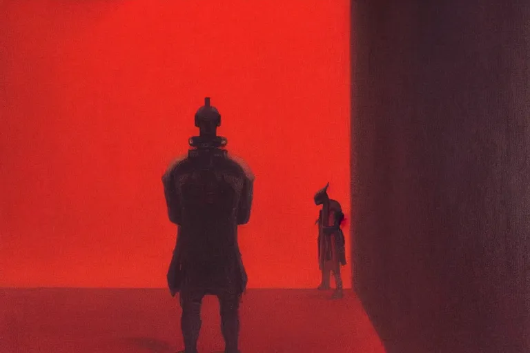 Image similar to only with red, a red samurai humanoid, tokio futuristic in background, yokai, in the style of beksinski, parts by edward hopper, parts by rodcenko, parts by yue minjun, intricate and epic composition, red by caravaggio, insanely quality, highly detailed, masterpiece, red light, artstation, 4 k