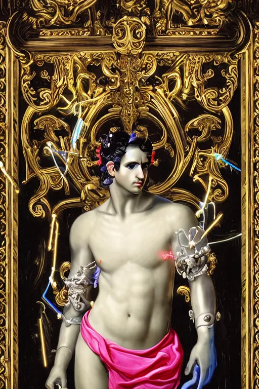 Prompt: full-body neon porcelain bladerunner and rococo style sculpture of a young handsome Cuban prince as a half android with a porcelain chest opening exposing circuitry and electric sparks, glowing laser beam eyes, crown of giant diamonds, flowing neon-colored silk, fabric, raptors. baroque elements. full-length view. baroque element. intricate artwork by caravaggio. many many birds birds on background. Trending on artstation, octane render, cinematic lighting from the right, hyper realism, octane render, 8k, depth of field, 3D