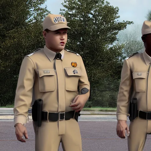 Prompt: ( beige uniform and caps ) ( ( zombie security officers ) ) trending on artstation very realistic proportional accurate high detail 4 k 8 k hd