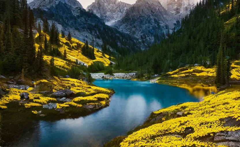 Prompt: photo of epic alpine lake landscape in spring, first light, small patches of yellow flowers, cinematic, cinematic, art by michael shainblum,