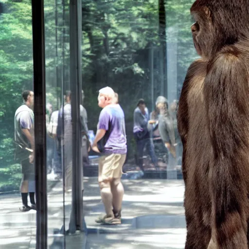 Prompt: bigfoot exhibit at the zoo, people watching bigfoot groups from behind glass