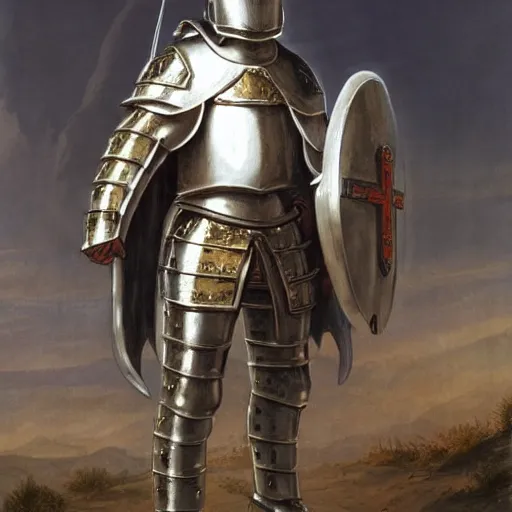 Image similar to man in decorated 15 century crusader armor, helmet and white cape with cross on it standing at the gates of jerusaoemdrawn by greg rutkowski realistic high detail