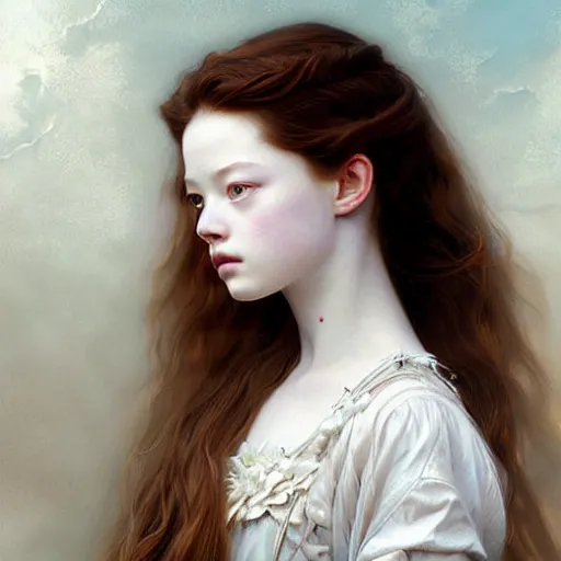 Prompt: beautiful striking Pre-Raphaelite Mackenzie Foy by Artgerm and Greg Rutkowski, intricate, elegant, highly detailed, digital painting, pale