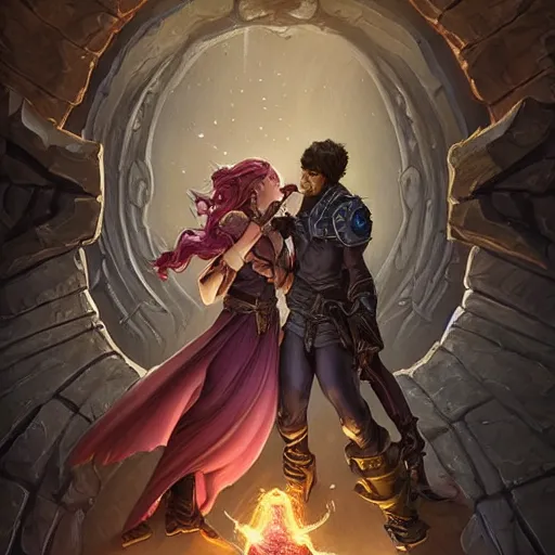 Image similar to a young couple, a mortal male rogue and a lightning goddess! hugging each other in front of the portal of eternity!, D&D, fantasy, intricate, elegant, highly detailed, digital painting, artstation, concept art, matte, sharp focus, illustration, hearthstone, art by Artgerm and Greg Rutkowski and Alphonse Mucha