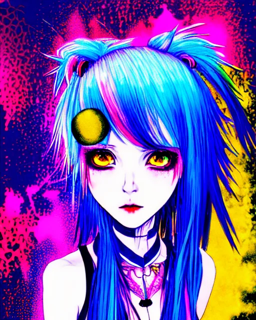 Image similar to neo tokyo japanese anime kawaii decora hologram of rimuru tempest, sky blue hair, golden yellow eyes, wearing black stylish clothing, holography, irridescent, baroque visual kei glitch art, a detailed pencil portrait with watercolor of a beautiful monster high doll, by sabrina eras, alice x. zhang, agnes cecile, blanca alvarez