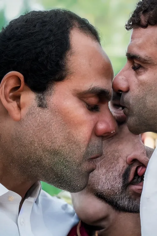 Image similar to narendra modi kissing rahul gandhi, closeup, india, detailed, photography alexey kurylev, cinematic