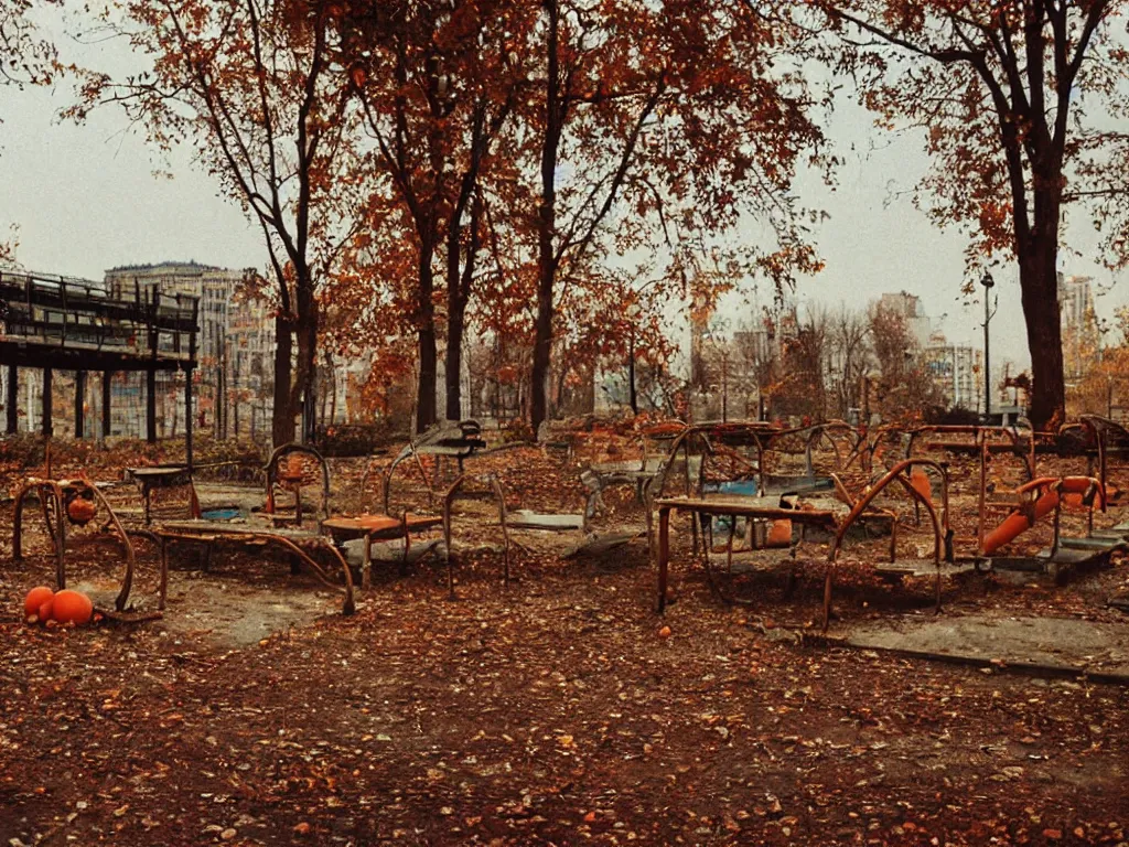 Prompt: a lomographic photo of abandoned playground of moscow, autumn, cinestill, bokeh