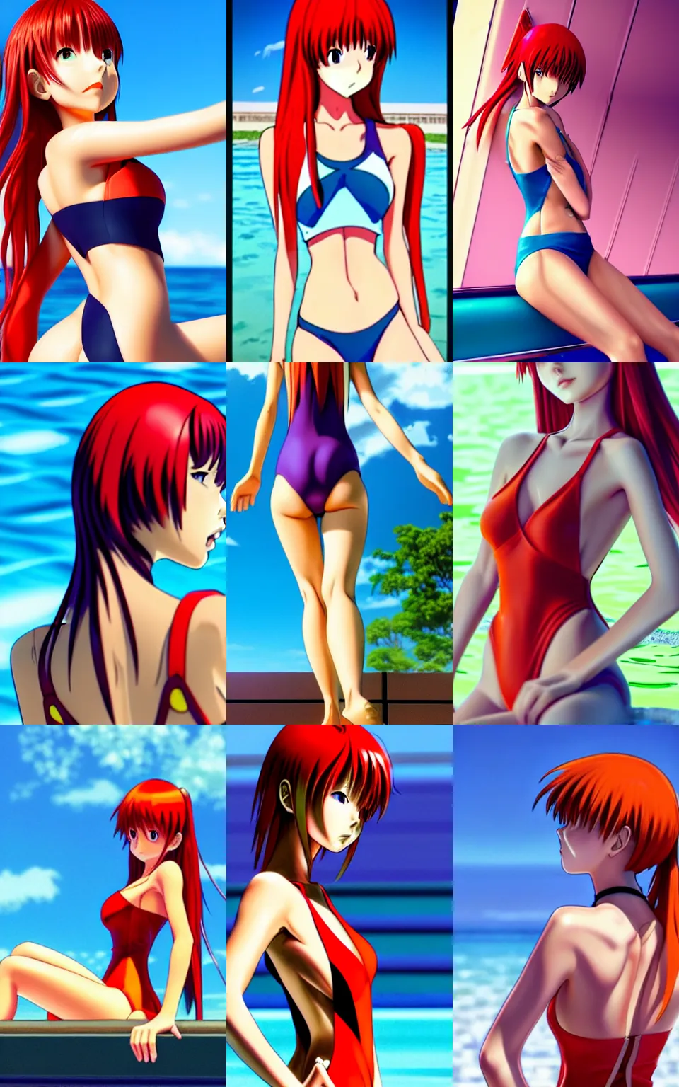Prompt: beautiful Asuka from Evangelion, full body shot, sitting at the poolside, bare shoulders, one piece closed swimsuit monokini, long red hair, realistic body proportions, arched back, view from behind, artstation, fine details, kyoani, high resolution, 4k, digital painting by WLOP, octane render, photorealistic, composition, ultra realistic