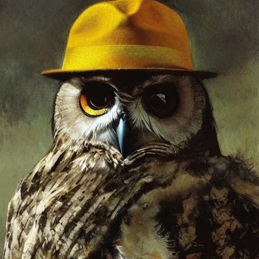 Prompt: shredded physique feathered tall neck beak Portrait of Henry James camouflaged as Owl whilst wearing a yellow tuxedo Standing atop a Garbage Truck Greg Rutkowski Vik Muniz clarence holbrook carter Andrew Wyeth Dan Witz