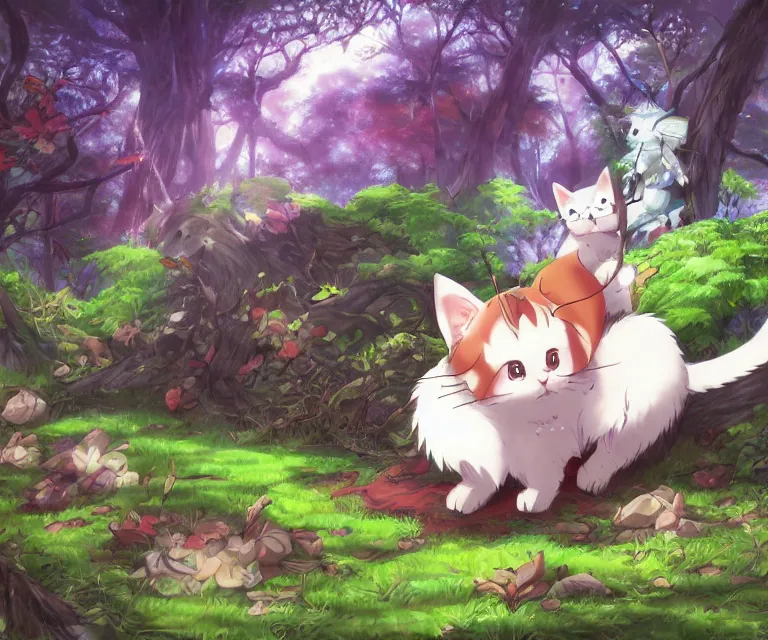 Image similar to kawaii cat in a forest, anime fantasy illustration by tomoyuki yamasaki, kyoto studio, madhouse, ufotable, comixwave films, trending on artstation