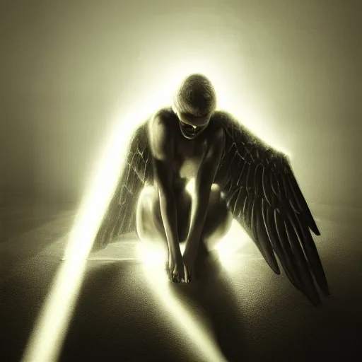 Image similar to hyperrealism digital abstract character art, fallen angel crouched down in a beam of light, wings open, high contrast hd optics, 8 k dop dof, by bastion lecouffe - deharme, splash colors