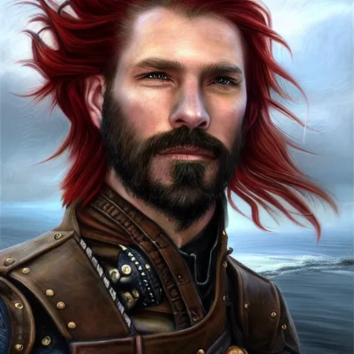 Image similar to portrait of a rugged!!!! male captain with long red hair!!!!!!, upper body, flowing hair, ethereal, handsome, leather coat, Steampunk airship!!!!!!!, D&D, fantasy, simple clothing!!!!, elegant, highly detailed, digital painting, deviantart, artstation, concept art, sharp focus, illustration, art by Artgerm and Greg Rutkowski and Alphonse Mucha