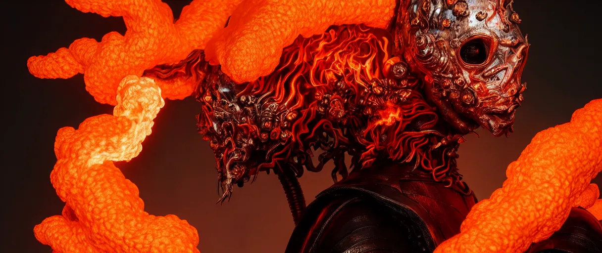 Image similar to hyperrealist highly detailed english medieval portrait of high fashion monster wearing flame fire smoke flame armor, radiating atomic neon corals, veiny network growth with fungal pattern, concept art pascal blanche dramatic studio lighting 8k wide angle shallow depth of field