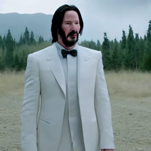 Image similar to A still of Keanu Reeves as President Snow in The Hunger Games (2012), white suit, white hair and beard