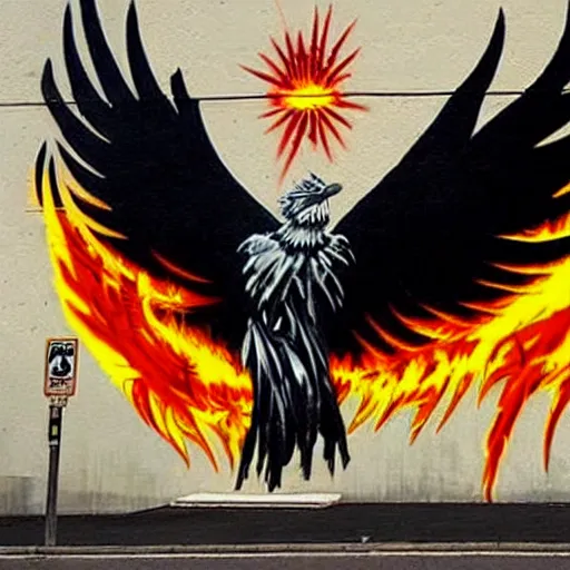 Image similar to Phoenix in fire, street art by bansky