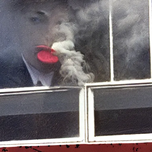 Image similar to Zoomed cropped voyeuristic direct eye contact closeup of supermodel neighbor blowing smoke in window, Technicolor, telephoto lens, vintage photograph, historical archive