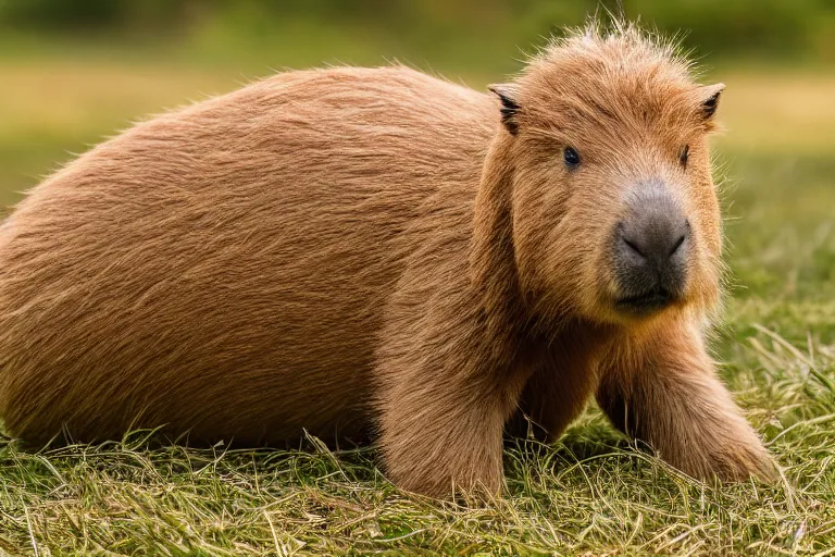 Image similar to a capybarar goldendoodle!!! hybrid! hyper realistic!! realistic lighting!! wildlife photographer of the year!!! bold natural colors, national geographic, hd, wide angle, 8 k