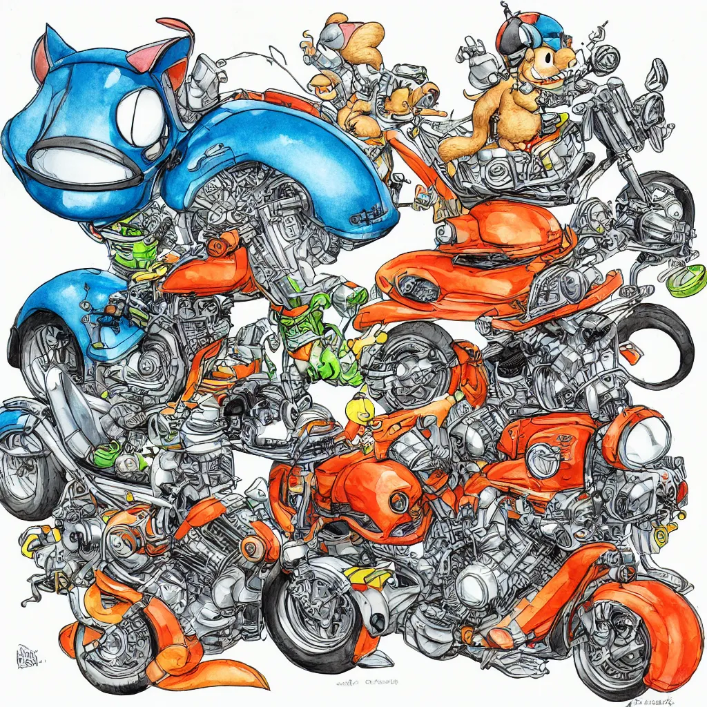 Image similar to cute and funny, squirrel wearing a helmet riding in a hot rod with oversized engine, ratfink style by ed roth, centered award winning watercolor pen illustration, isometric illustration by chihiro iwasaki, edited by range murata, tiny details by artgerm and watercolor girl, symmetrically isometrically centered, sharply focused