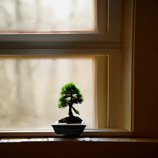 Prompt: a miniature bonsai in a window, inside a room, 8k, hdr, warm lighting, sunlight coming through the window