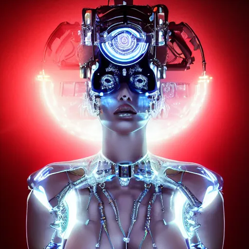 Prompt: beautiful Fine art photo portrait of enraptured Adriana Lima as a solarpunk robotic goddess, white mechanical parts with led lights, photorealistic, white background, highly detailed and intricate, sun lighting, 8k