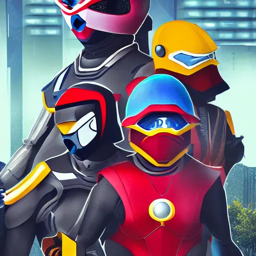 Image similar to a super sentai team of racoons wearing cybernetic ninja gear, hyperrealistic, digital art, cyberpunk, 4 k