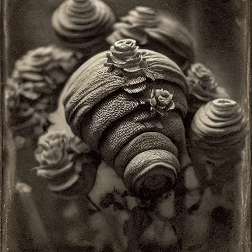 Prompt: tardigrade!!! daguerreotype portrait photograph. inspired by gerard grom and ansel adams. floral theme. beautiful. highly detailed. old timey.