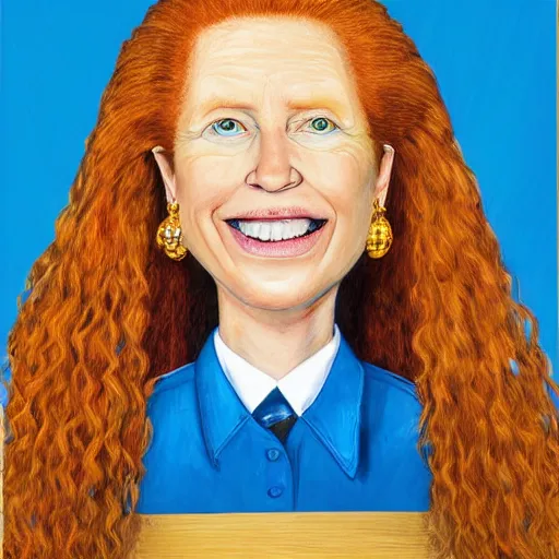 Image similar to the official presidential portrait of ginger head woman, fair skin, smiley, long curly hair, blue blouse, hyper realistic, detailed face