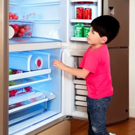 Prompt: a young kid opening a fridge door which is actually a portal into another dimension