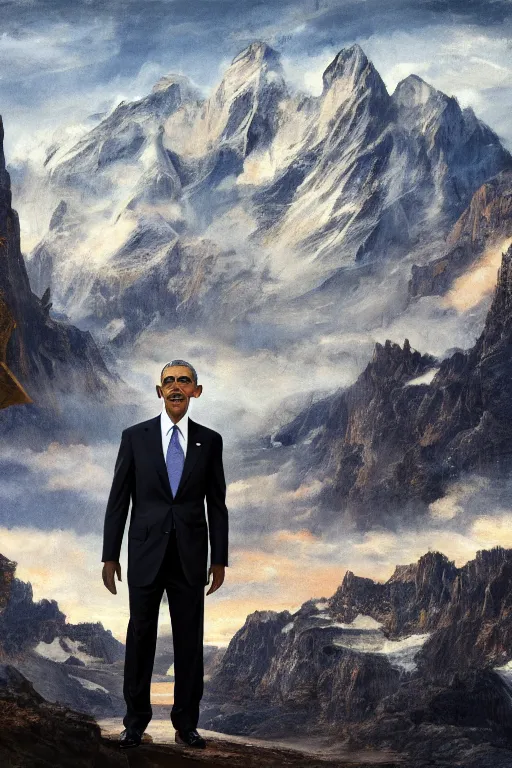 Image similar to obama standing next to a mountain made of papers, oil on canvas, intricate, portrait, 8 k, detailed, hdr, cgsociety