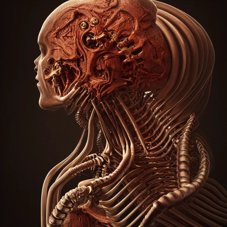 Image similar to biomechanical surreal ribbed spinal dark alien portrait, baroque painting, beautiful detailed intricate insanely detailed octane render, 8K artistic photography, photorealistic, chiaroscuro, Raphael, Caravaggio