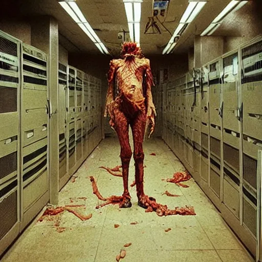 Image similar to “ugly filthy gross fleshy raw meat insectoid cybernetic mummy horse standing in a filthy dirty small server room filled with garbage and networking cables. David Cronenberg. Body horror style. 35mm.”