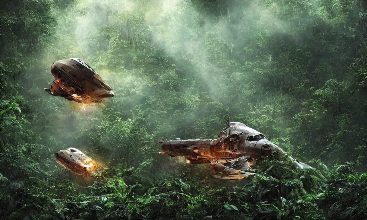 Image similar to Astronaut prometheus spaceship crashed in jungle , deep in the tropical rain forest ,wide angle low cinematic lighting atmospheric realistic octane render highly detailed in he style of craig mullins, full hd render 3d octane render unreal engine 5 Redshift Render Cinema4D C4D Rendered in Houdini Houdini-Render Blender Render Cycles Render OptiX-Render Povray Vray CryEngine LuxCoreRender MentalRay-Render Raylectron Infini-D-Render Zbrush DirectX Terragen Autodesk 3ds Max After Effects 4k UHD immense detail interdimensional lightning + studio quality enhanced quality