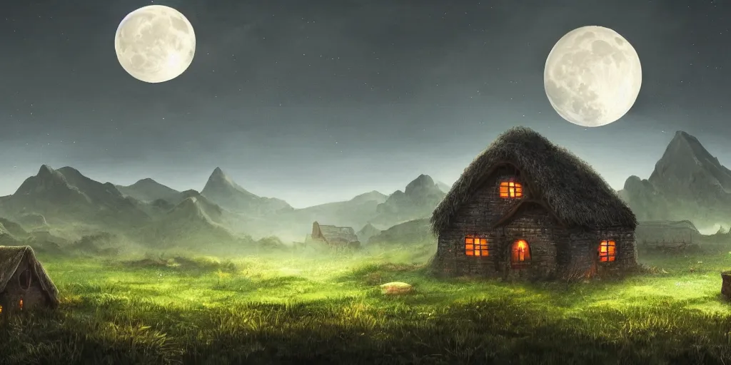 Image similar to Blood soaked fields with large mountains in the distance, small cottage in the foreground, nighttime, moon in the night sky, landscape wallpaper, d&d art, fantasy, painted, 4k, high detail, sharp focus