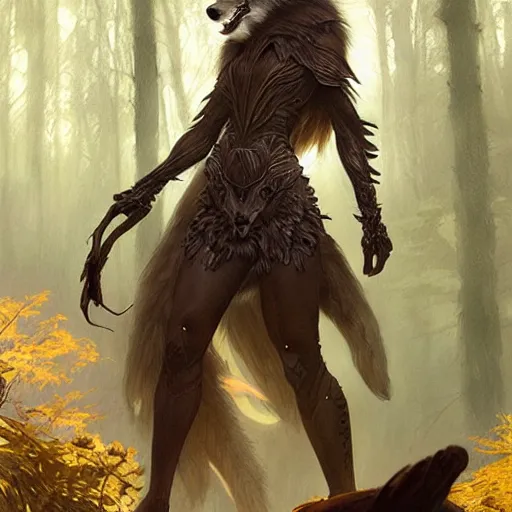 Image similar to long shot photo of a humanoid female she - wolf with wolf head were a heroic dress an armour in the forest, long hair, highly detailed, digital painting, artstation, smooth, sharp focus, illustration, art by artgerm and greg rutkowski and alphonse mucha