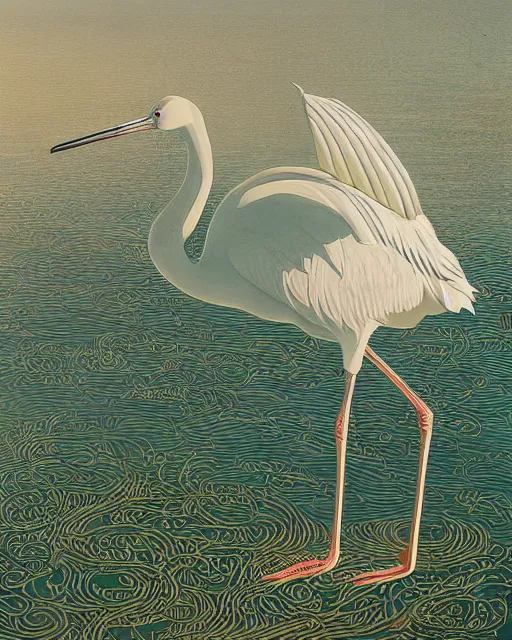 Image similar to a white crane bird hunting in shallow water by abandoned greek architecture, digital art, illustrated by james gurney and victo ngai