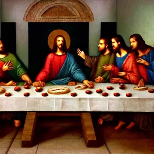 Image similar to eating pizza at the last supper