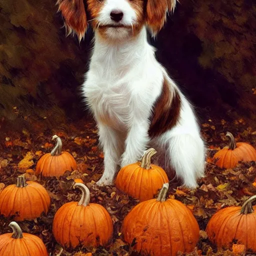 Prompt: a very cute scruffy long haired jack russell terrier puppy, white with chocolate brown spots and a brown patch over both eyes, amidst piles of pumpkins. halloween autumn fall art. beautiful painting by artgerm and greg rutkowski and alphonse mucha