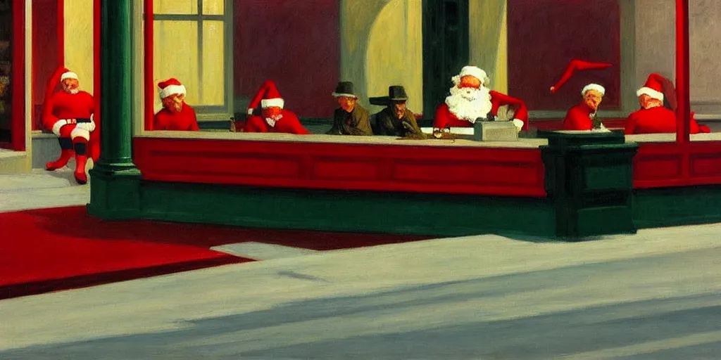 Image similar to santa claus in the painting nighthawks by edward hopper with